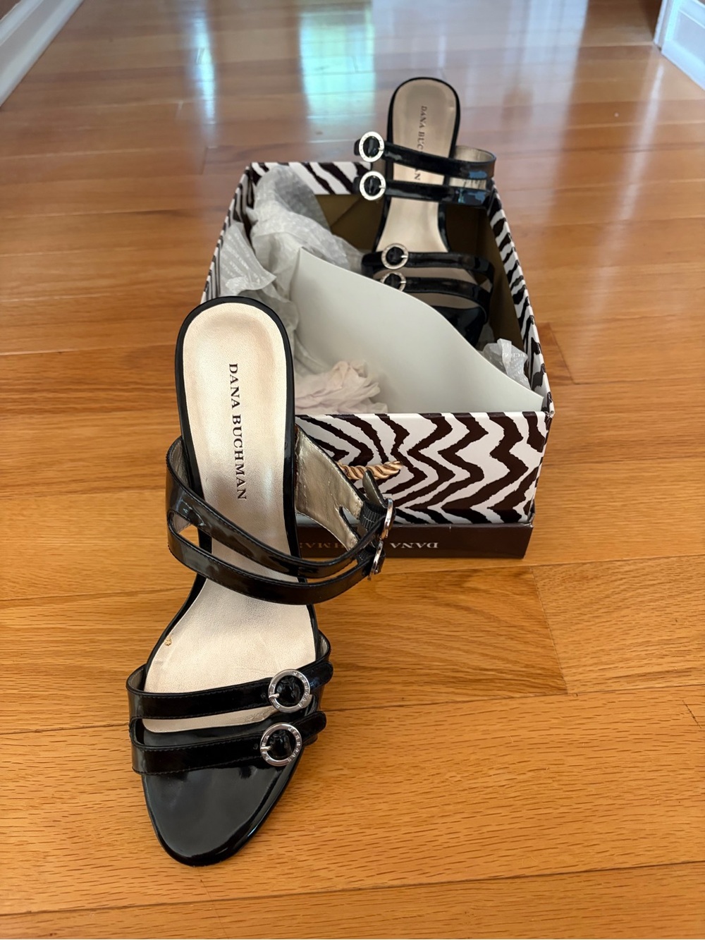 Dana Buchman Black Patent Strappy Slide Heels with Silver Buckles